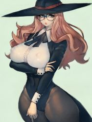 Rule 34 | 1girl, black hat, black leotard, black sleeves, breasts, brown hair, closed mouth, covered erect nipples, cowboy shot, curvy, fumio (rsqkr), glasses, hat, highres, large breasts, large hat, leotard, long hair, long sleeves, looking at viewer, narrow waist, pantyhose, pointy nose, sideboob, simple background, solo, spy x family, standing, stylistic, sylvia sherwood, thick thighs, thighs, white background, wide hips