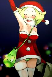 Rule 34 | 1girl, armpits, between breasts, bianca (pokemon), blonde hair, breasts, cameltoe, christmas, cleavage, commentary request, creatures (company), game freak, hat, medium hair, nintendo, open mouth, panties, pokemon, pokemon bw, smile, solo, thighhighs, underwear