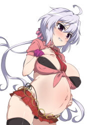 Rule 34 | 1girl, ahoge, belly chain, black bra, black panties, black thighhighs, blush, bra, breasts, breasts apart, cleavage, collared shirt, commentary request, covered erect nipples, cowboy shot, dutch angle, from below, grin, groin, hair between eyes, hand on own chest, hand on own stomach, highres, inverted nipples, jewelry, large breasts, long hair, looking at viewer, low twintails, midriff, miniskirt, navel, necktie, panties, pink scrunchie, pink shirt, plaid, plaid skirt, pregnant, purple eyes, purple scrunchie, red necktie, red skirt, scrunchie, senki zesshou symphogear, shirt, short sleeves, side-tie panties, sidelocks, silver hair, simple background, skindentation, skirt, smile, solo, standing, thighhighs, tied shirt, twintails, underwear, unmoving pattern, white background, wrist scrunchie, yoshi tama, yukine chris
