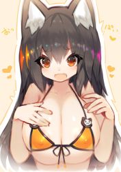 Rule 34 | 1girl, animal ear fluff, animal ears, areola slip, arms at sides, bad id, bad twitter id, beige background, bikini, black hair, blush, breasts, brown eyes, cleavage, collarbone, covered erect nipples, fox ears, fox girl, front-tie bikini top, front-tie top, hair between eyes, hands up, heart, highres, large breasts, long hair, looking at viewer, mamuru, micro bikini, open mouth, original, short eyebrows, simple background, solo, swimsuit, thick eyebrows, upper body, wavy mouth
