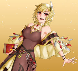 Rule 34 | 1girl, bare shoulders, blonde hair, book, brown dress, citrinne (fire emblem), dress, earrings, feather hair ornament, feathers, fire emblem, fire emblem engage, gold choker, gold trim, hair ornament, holding, holding book, hoop earrings, jewelry, leather wrist straps, lost (su-pa-buru), mismatched earrings, nintendo, red eyes, solo, wing hair ornament