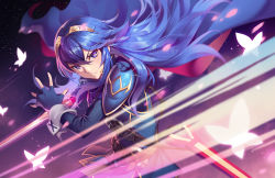 Rule 34 | 1girl, armor, belt, blue cape, blue eyes, blue gloves, blue hair, bug, butterfly, cape, closed mouth, falchion (fire emblem), fingerless gloves, fire emblem, fire emblem awakening, gloves, hair between eyes, holding, holding sword, holding weapon, insect, kaijuicery, long hair, lucina (fire emblem), nintendo, sheath, shoulder armor, sky, star (sky), starry sky, sword, symbol in eye, tiara, twitter username, upper body, weapon