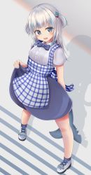 Rule 34 | 1girl, :d, alternate costume, apron, blue eyes, blue hair, blue skirt, blunt bangs, bow, bowtie, collared shirt, commentary request, eyelashes, fins, fish tail, full body, gawr gura, gingham, gingham apron, grey hair, hair ornament, high-waist skirt, highres, hololive, hololive english, kobeya, kobeya uniform, looking at viewer, medium hair, minakami mimimi, multicolored hair, open mouth, shark girl, shark hair ornament, shark tail, sharp teeth, shirt, shoes, short sleeves, skirt, skirt hold, smile, sneakers, solo, streaked hair, tail, teeth, two side up, underbust, uniform, upper teeth only, v-shaped eyebrows, virtual youtuber, waitress, white footwear, white shirt