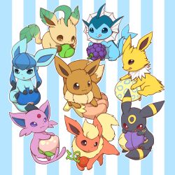 Rule 34 | aspear berry, berry (pokemon), blonde hair, blue eyes, blue hair, bluk berry, cheri berry, chesto berry, creatures (company), eevee, espeon, fins, flareon, food, forehead jewel, forked tail, game freak, gen 1 pokemon, gen 2 pokemon, gen 4 pokemon, glaceon, highres, huiro, jolteon, leafeon, licking, licking lips, lum berry, nanab berry, nintendo, no humans, oran berry, pecha berry, pokemon, pokemon (creature), purple eyes, red eyes, sidelocks, smile, tail, tongue, tongue out, umbreon, vaporeon