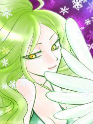 Rule 34 | 1girl, absurdres, birthday, breasts, cleavage, donquixote pirates, feathered wings, gradient background, green hair, harpy, highres, long hair, makimakimakiba, monet (one piece), monster girl, one piece, snow, snowflakes, solo, wings, yellow eyes