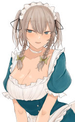 Rule 34 | 1girl, apron, black ribbon, blue dress, blue eyes, bow, braid, breasts, choker, cleavage, commentary request, corset, dress, frilled apron, frilled skirt, frills, green bow, hair bow, hair ribbon, highres, izayoi sakuya, large breasts, maid, maid apron, maid headdress, medium hair, necro (nekurodayo), puffy short sleeves, puffy sleeves, ribbon, short sleeves, silver hair, simple background, skirt, touhou, twin braids, twintails, white background