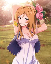 Rule 34 | 10s, 1girl, blonde hair, blush, bouquet, breasts, cleavage, cropped jacket, dress, flower, flower in mouth, idolmaster, idolmaster million live!, long hair, momose rio, official art, pink rose, red eyes, rose, sleeveless, smile, solo, white dress, yellow rose