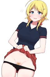 Rule 34 | 1girl, ahoge, black panties, black shirt, blonde hair, blue eyes, blush, breasts, clothes lift, commentary request, cowboy shot, dutch angle, female pubic hair, flying sweatdrops, hachimiya meguru, hair ornament, hairclip, highres, idolmaster, idolmaster shiny colors, long hair, looking at viewer, low twintails, medium breasts, minakamirin, open mouth, panties, panty pull, polo shirt, pubic hair, red skirt, shirt, short sleeves, skirt, skirt lift, solo, twintails, underwear, white background