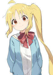 Rule 34 | 1girl, absurdres, ahoge, blonde hair, blush, bocchi the rock!, bow, brown eyes, commentary request, gazacy (dai), highres, ijichi nijika, light blue jacket, long hair, long sleeves, looking at viewer, red bow, school uniform, shimokitazawa high school uniform, shirt, side ponytail, sidelocks, simple background, smile, solo, upper body, very long hair, white background, white shirt