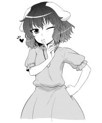 Rule 34 | 1girl, animal ears, blowing kiss, blush, dress, greyscale, hand on own hip, hand up, heart, highres, inaba tewi, index finger raised, itou yuuji, looking at viewer, medium hair, monochrome, one eye closed, rabbit ears, short sleeves, simple background, solo, touhou, white background