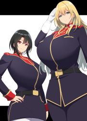 Rule 34 | 2girls, atago (kancolle), black hair, blonde hair, breasts, gigantic breasts, gloves, green eyes, height difference, highres, huge breasts, kantai collection, kloah, looking at viewer, looking down, military, military uniform, multiple girls, red eyes, salute, simple background, small hands, takao (kancolle), thick thighs, thighs, towering, uniform, white gloves