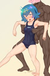 Rule 34 | 1boy, 1girl, absurdres, ahegao, armpits, bare shoulders, barefoot, blue eyes, blue hair, blue one-piece swimsuit, blush, breasts, cameltoe, clothed female nude male, collarbone, completely nude, covered erect nipples, covered navel, creatures (company), crying, dark-skinned male, dark skin, drooling, erection, faceless, faceless male, feet, female orgasm, game freak, gluteal fold, gradient background, hairband, half-closed eyes, heart, heart-shaped pupils, hetero, highres, interracial, lana (pokemon), looking up, matching hair/eyes, mentaiko jojotarou, muscular, muscular male, nintendo, nipple stimulation, nipple tweak, nose blush, nude, one-piece swimsuit, open mouth, orgasm, penis, pokemon, pokemon sm, pussy juice, rolling eyes, saliva, shiny skin, short hair, sidelocks, simple background, small breasts, solo focus, spread legs, standing, sweat, swimsuit, symbol-shaped pupils, tears, teeth, testicles, textless version, tongue, tongue out, trembling, wet, wet clothes, yellow background, yellow hairband