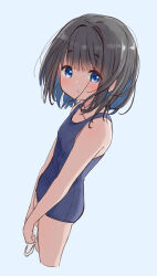 1girl bare_shoulders blue_background blue_eyes blush bob_cut breasts cropped_legs dot_nose grey_hair highres looking_at_viewer old_school_swimsuit one-piece_swimsuit open_mouth original retsumaru school_swimsuit short_hair simple_background single_sidelock small_breasts swim_cap swimsuit unworn_swim_cap white_swimcap