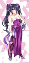 Rule 34 | 1girl, absurdres, bare shoulders, black hair, black leggings, black thighhighs, blush, breasts, cleavage, collarbone, commentary request, compile heart, dress, flower, full body, gloves, gown, hair between eyes, hair flower, hair ornament, hair ribbon, hand on own hip, heels, high heels, highres, idea factory, jewelry, leggings, lewdkuma, long hair, looking at viewer, medium breasts, neck, necklace, neptune (series), noire (neptunia), purple dress, purple footwear, purple ribbon, red eyes, red hair, ribbon, rose, shoes, sidelocks, signature, simple background, sleeveless, sleeveless dress, smile, solo, standing, strapless, strapless dress, thighhighs, thighs, tsundere, twintails, very long hair, white background, white gloves