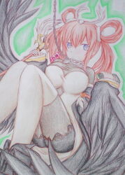 Rule 34 | 1girl, black bodysuit, black wings, bodysuit, breasts, collar, commentary request, duel monster, feathered wings, feathers, hair between eyes, hair rings, harpie channeler, harpy, holding, holding phone, holding staff, large breasts, long hair, luxuria iv, monster girl, orange hair, phone, pointy ears, purple eyes, solo, staff, thighhighs, traditional media, twintails, white thighhighs, winged arms, wings, yu-gi-oh!