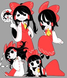 Rule 34 | 2girls, :/, ^ ^, arm support, black eyes, black footwear, black hair, bow, closed eyes, colored skin, detached sleeves, dmebgsa3, food, food in mouth, gohei, grey background, hair bow, hair down, hair tubes, hakurei reimu, half-closed eyes, hand on own head, hand on own hip, hand on own shoulder, high ponytail, highres, invisible chair, jitome, leaning to the side, long hair, long skirt, middle finger, midriff peek, multiple girls, multiple views, neckerchief, onigiri, reclining, red bow, red shirt, red skirt, sanpaku, scowl, shameimaru aya, sharp teeth, shide, shirt, sidelocks, sitting, skirt, sleeveless, sleeveless shirt, spoken character, teeth, touhou, white skin, wrist cuffs, yellow neckerchief