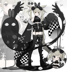 Rule 34 | 1girl, :3, absurdly long hair, black eyes, black flower, black rose, boots, breasts, chariko, checkered clothes, chibi, crop top, cross-laced clothes, detached sleeves, english text, feathered wings, flower, garter straps, grey hair, hair flower, hair ornament, highres, knee boots, long hair, medium breasts, miniskirt, off shoulder, original, pencil skirt, platform boots, platform footwear, rose, shirt, side slit, skirt, sleeveless, sleeveless shirt, sleeves past fingers, sleeves past wrists, solo, thighhighs, thorns, torn clothes, twintails, v, very long hair, wings, zoom layer