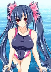 bare_shoulders black_hair breasts competition_swimsuit kyou_(hibikit) long_hair medium_breasts neptune_(series) noire_(neptunia) one-piece_swimsuit red_eyes ribbon swimsuit twintails wet