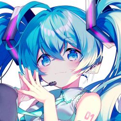 Rule 34 | 1girl, 39, blue eyes, blue hair, blue nails, blue necktie, closed mouth, commentary, hatsune miku, headset, kurisu sai, long hair, looking at viewer, nail polish, necktie, number tattoo, simple background, smile, solo, symbol-only commentary, tattoo, twintails, upper body, vocaloid, white background