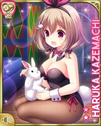 Rule 34 | 1girl, animal ears, bare shoulders, black leotard, blush, bow, bowtie, breasts, brown hair, brown pantyhose, card (medium), character name, cleavage, day, detached collar, dutch angle, eyebrows, fake animal ears, girlfriend (kari), hair ornament, hairpin, indoors, kazemachi haruka, leotard, medium breasts, official art, open mouth, pantyhose, pink bow, pink bowtie, playboy bunny, purple eyes, qp:flapper, rabbit, rabbit ears, rabbit hair ornament, rabbit tail, short hair, solo, squatting, strapless, strapless leotard, tail, wrist cuffs