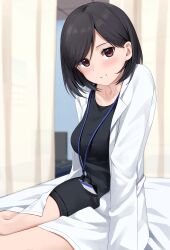 Rule 34 | 1girl, absurdres, black dress, black hair, blush, brown eyes, coat, collarbone, commentary request, curtains, dress, highres, id card, indoors, infirmary, kiona (giraffe kiona), lab coat, lanyard, looking at viewer, nurse, on bed, original, short hair, smile, solo, white coat