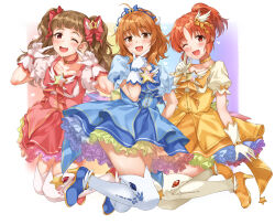 Rule 34 | 3girls, ;d, abe nana, absurdres, ahoge, araki hina, blue choker, blue dress, blunt bangs, blush, bow, bowtie, breasts, brooch, brown eyes, brown hair, choker, collarbone, dot nose, dress, finger to cheek, finger to own chin, frilled dress, frills, full body, gloves, gradient background, gradient dress, hair bow, hair ornament, hair ribbon, hand up, hands up, heart, high heels, highres, idolmaster, idolmaster cinderella girls, idolmaster cinderella girls starlight stage, index finger raised, jewelry, kamiya nao, long hair, looking at viewer, magical girl, medium breasts, messy hair, multicolored background, multiple girls, one eye closed, open mouth, ponytail, red bow, red bowtie, red choker, red dress, red eyes, red ribbon, ribbon, short hair, short sleeves, shy, simple background, sirurabbit, smile, star (symbol), star brooch, star hair ornament, sweatdrop, thick eyebrows, thighhighs, tiara, twintails, wavy mouth, white background, white gloves, white thighhighs, wing hair ornament, yellow choker, yellow dress