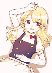 Rule 34 | 100th black market, 1girl, apron, arm up, black dress, blonde hair, bow, breasts, buttons, commentary request, dress, frills, hair between eyes, hand on own stomach, hands up, kirisame marisa, long hair, looking to the side, lying, medium breasts, multicolored buttons, no headwear, on back, open mouth, puffy short sleeves, puffy sleeves, red bow, red eyes, shirt, shirt bow, short sleeves, shukinuko, simple background, smile, solo, tongue, touhou, white apron, white background, white shirt