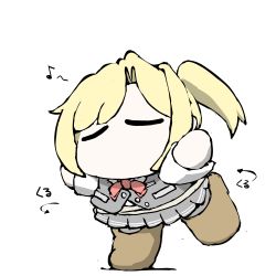 Rule 34 | 1girl, black skirt, black vest, blonde hair, blouse, brown footwear, chibi, commentary request, dancing, closed eyes, kantai collection, maikaze (kancolle), medium hair, musical note, neckerchief, no mouth, pleated skirt, red neckerchief, shirt, shoes, simple background, skirt, solo, task (s task80), two side up, vest, white background, white shirt