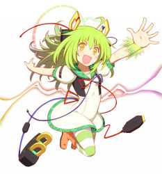 Rule 34 | 1girl, audio jack, bad id, bad pixiv id, boots, dress, electric plug, electricity, full body, green hair, hair ornament, highres, looking at viewer, matanonki, original, outstretched arms, pantyhose, prong, solo, spread arms, striped clothes, striped pantyhose, usb, wire, yellow eyes