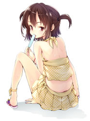 Rule 34 | 1girl, ankle ribbon, arm support, back, bare back, bare legs, bare shoulders, bracelet, breasts, brown eyes, brown hair, camisole, crop top, eating, feet, flower, food, from behind, full body, hair tie, holding, ice cream, jewelry, leg ribbon, legs, licking, looking at viewer, looking back, midriff, miniskirt, nail polish, original, parody, parted bangs, pleated skirt, polka dot, polka dot skirt, red eyes, ribbon, sandals, scrunchie, shadow, short hair, simple background, sitting, skirt, sleeveless, small breasts, solo, spread legs, style parody, subachi, sweat, tongue, tongue out, twintails, two side up, white background