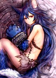 Rule 34 | 1girl, animal ear fluff, animal ears, animal hands, bare shoulders, blue hair, bound, chain, closed mouth, commentary request, fenrir (shingeki no bahamut), granblue fantasy, hair between eyes, highres, long hair, looking at viewer, lying, on side, red eyes, shingeki no bahamut, solo, sukemyon, tail, very long hair, wolf ears, wolf tail