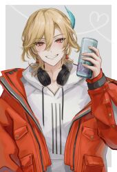 Rule 34 | 1boy, artist name, black headphones, blonde hair, blush, border, can, commentary request, drawstring, drink can, earrings, feather hair ornament, feathers, genshin impact, grey background, grin, hair between eyes, hair ornament, hand up, headphones, headphones around neck, heart, highres, holding, holding can, hood, hood down, hoodie, jacket, jewelry, kaveh (genshin impact), long sleeves, looking at viewer, male focus, medium hair, mimisuke37, off shoulder, open clothes, open jacket, outside border, parted bangs, pocket, puffy long sleeves, puffy sleeves, red eyes, red jacket, simple background, smile, solo, teeth, twitter username, upper body, white border, white hoodie