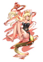 Rule 34 | 1girl, absurdres, armpits, arms behind head, arms up, bare shoulders, blonde hair, blue eyes, blue gemstone, blush, bowsette, bracelet, breasts, cleavage, collar, crown, dress, earrings, from side, full body, gem, highres, horns, invisible chair, jewelry, large breasts, leotard, long hair, looking at viewer, mario (series), new super mario bros. u deluxe, nintendo, p ion, parted bangs, pointy ears, ponytail, sharp teeth, shell, sitting, solo, spiked bracelet, spiked collar, spikes, super crown, tail, tan, tanline, teeth, thighs, transparent background, wide hips
