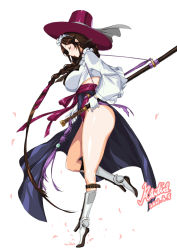 Rule 34 | 1girl, ass, braid, breasts, brown hair, cherry blossoms, commission, dated, closed eyes, full body, gat (korean traditional hat), gloves, hanbok, highres, keumran (last origin), korean clothes, large breasts, last origin, legs, long hair, maid, maid headdress, rantia, signature, simple background, single braid, sword, thick thighs, thighs, very long hair, weapon, white background, white gloves