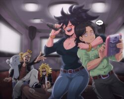 Rule 34 | ..., 1girl, 3boys, angry, arm hair, belt, black hair, blush, boku no hero academia, bracelet, breasts, brown shirt, cementoss, character request, cleavage, closed eyes, couch, cup, denim, drink, eraser head (boku no hero academia), facial hair, glasses, green shirt, grey pants, highres, holding, holding microphone, indoors, jacket, jeans, jewelry, karaoke, large breasts, leather, leather jacket, lewdamone, microphone, midnight (boku no hero academia), multiple boys, music, mustache, open mouth, pants, plate, ponytail, present mic, shirt, singing, sitting, smile, spoken ellipsis, table, teacher, white shirt, yagi toshinori