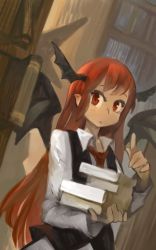 Rule 34 | 1girl, :&lt;, bad id, bad twitter id, bat wings, book, book stack, bookshelf, commentary request, cowboy shot, dress shirt, dutch angle, expressionless, eyelashes, head wings, highres, holding, holding book, index finger raised, koakuma, long hair, long sleeves, murasusu, necktie, pointy ears, red eyes, red hair, red necktie, shirt, skirt, skirt set, solo, touhou, very long hair, vest, wings