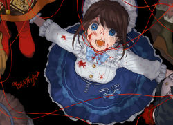 Rule 34 | 1girl, alternate costume, black background, blood, blood on clothes, blood on face, blue dress, blue eyes, brown hair, button eyes, buttons, copyright name, dress, emma woods, highres, identity v, kevin ayuso, looking at viewer, looking up, official alternate costume, open mouth, string, totoji