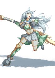 Rule 34 | 1girl, absurdres, animal ears, apollousa bow of the goddess, armored boots, asymmetrical clothes, boots, bow (weapon), breasts, cleavage, crop top, duel monster, full body, gauntlets, grey eyes, grey hair, highres, holding, holding bow (weapon), holding weapon, large breasts, midriff, navel, ne (nu kazuya), sideboob, skirt, sleeveless, solo, weapon, white skirt, yu-gi-oh!