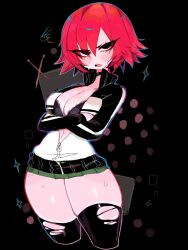 Rule 34 | 1girl, black background, black bra, black collar, black eyes, black jacket, black thighhighs, blush, bra, breasts, collar, commentary, cropped legs, crossed arms, english commentary, eyes visible through hair, freckles, green trim, hair between eyes, highres, jacket, kim pine, large breasts, long sleeves, looking at viewer, microskirt, multicolored clothes, multicolored jacket, open clothes, open jacket, pleated skirt, red hair, scott pilgrim (series), short hair, skindentation, skirt, solo, thighhighs, torn clothes, torn thighhighs, two-tone jacket, underwear, usa37107692, white jacket, zipper pull tab