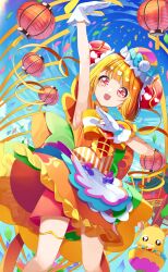 Rule 34 | 1girl, absurdres, apron, arm up, armpits, back bow, blonde hair, blue sky, bob cut, bow, brooch, bun cover, china dress, chinese clothes, clothes lift, commentary, cure yum-yum, day, delicious party precure, dress, dress lift, frilled dress, frills, gloves, hair bun, hanamichi ran, heart, heart brooch, highres, huge bow, jewelry, lantern, looking at viewer, magical girl, mem-mem (precure), open mouth, orange bow, orange dress, orange hair, outdoors, paper lantern, precure, red eyes, red shorts, short dress, short hair, shorts, shorts under dress, sky, sleeveless, sleeveless dress, smile, solo, standing, streamers, triple bun, waist apron, white gloves, wind, wind lift, yuutarou (fukiiincho)