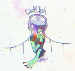 Rule 34 | 1girl, baseball cap, character name, closed mouth, colored skin, cropped torso, dedf1sh, finger to own chin, goggles, green skin, hair over one eye, hat, headphones, looking at viewer, lowres, nintendo, octoling, shirt, splatoon (series), splatoon 2, t-shirt, tentacle hair, wristband