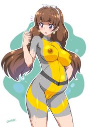 Rule 34 | 1girl, amanogawa kirara, artist name, blush, bodypaint, breasts, brown hair, cleft of venus, cowboy shot, earrings, false clothes, female focus, female pubic hair, go! princess precure, jewelry, joy ride, long hair, nipples, nude, painted clothes, precure, pregnant, pubic hair, purple eyes, pussy, solo, source request, star (symbol), star earrings, text focus, twintails, uncensored, vaginal