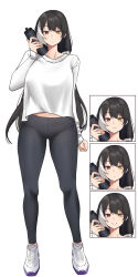 Rule 34 | 1girl, absurdres, alternate costume, black hair, black pants, bottle, breasts, commission, expressions, full body, girls&#039; frontline, heterochromia, highres, holding, holding bottle, large breasts, long hair, multicolored hair, pants, pinepin, red eyes, ro635 (girls&#039; frontline), shirt, shoes, simple background, smile, sneakers, sportswear, streaked hair, tight clothes, tight pants, white background, white hair, white shirt, yellow eyes, yoga pants