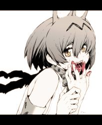 Rule 34 | 10s, 1girl, animal ears, bare shoulders, blood, blood on face, blood on hands, bow, bowtie, extra ears, fangs, from side, greyscale, hair between eyes, hand to own mouth, hatching (texture), kemono friends, letterboxed, linear hatching, looking at viewer, monochrome, oono tsutomu, open mouth, serval (kemono friends), serval print, shirt, short hair, simple background, sleeveless, sleeveless shirt, solo, spot color, upper body, white background, white shirt, yellow eyes