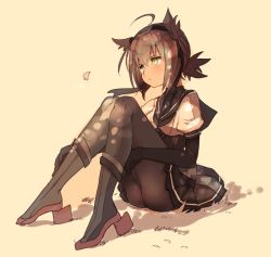 Rule 34 | 10s, 1girl, antenna hair, ass, bad id, bad pixiv id, black gloves, black pantyhose, blush, brown hair, cis (carcharias), commentary request, corset, full body, gloves, grass, hair between eyes, hatsuzuki (kancolle), kantai collection, knees up, looking away, pantyhose, petals, pleated skirt, puffy short sleeves, puffy sleeves, sailor collar, school uniform, serafuku, shirt, short hair, short sleeves, simple background, sitting, skirt, solo, white shirt