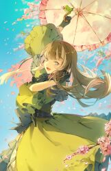 Rule 34 | 1girl, bird, black gloves, black hair, blue eyes, blue sky, blunt bangs, cherry blossoms, commentary request, dress, gloves, gothic lolita, green bird, green dress, grey hair, harukayu yu, highres, holding, holding umbrella, hololive, hololive dev is, juufuutei raden, lolita fashion, long hair, multicolored hair, open mouth, outdoors, pink petals, sky, standing, two-tone hair, umbrella, virtual youtuber, wide sleeves