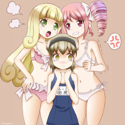 Rule 34 | 2020, 3girls, angry, artist name, between breasts, bikini, blonde hair, blue one-piece swimsuit, blush, breasts, brown eyes, dated, drill hair, girl sandwich, green eyes, hair ornament, hairband, head between breasts, jashin-chan dropkick, large breasts, long hair, multiple girls, one-piece swimsuit, open mouth, pekora (jashin-chan dropkick), pink bikini, pink hair, pino (jashin-chan dropkick), poporon (jashin-chan dropkick), sandwiched, short hair, small breasts, standing, swimsuit, twin drills, twintails, variangel, white bikini