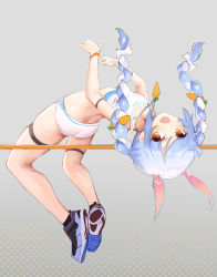 Rule 34 | 1girl, absurdres, alternate costume, animal ears, arched back, armband, ass, back, blue hair, blush, braid, breasts, carrot hair ornament, carrot necklace, crop top, food-themed hair ornament, full body, grey background, hair ornament, high jump, highres, hololive, horizontal bar, jumping, long hair, looking at viewer, multicolored hair, necklace, open mouth, polka dot, polka dot background, rabbit ears, red eyes, shenbaibaibaibaibaibaibai, shoes, simple background, skindentation, small breasts, smile, sneakers, solo, tank top, thigh strap, thighs, track and field, track uniform, twin braids, twintails, two-tone hair, usada pekora, virtual youtuber, white hair, wristband