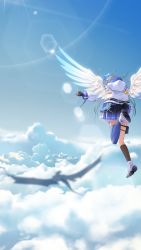 Rule 34 | 1girl, amane kanata, amane kanata (work), angel, angel wings, black dress, blue legwear, blue wings, dress, facing away, feathered wings, flying, from behind, gradient wings, halo, highres, hololive, jacket, kiryu coco (dragon), lens flare, long hair, long sleeves, multicolored wings, pleated dress, puffy long sleeves, puffy sleeves, shiruko sand, silver hair, sky, star halo, two side up, virtual youtuber, white jacket, white wings, wings