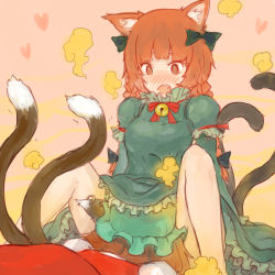 Rule 34 | 13o, 2girls, animal ears, blush, bow, chen, dress, fart, kaenbyou rin, looking down, multiple girls, pink background, ribbon, simple background, tagme, tail, touhou